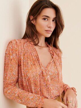Free People Coral Floral Peasant Blouse - Size Medium